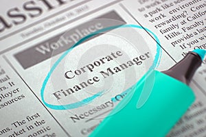 Corporate Finance Manager Hiring Now.