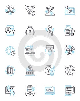 Corporate finances linear icons set. Investments, Budgeting, Auditing, Taxation, Financial planning, Cash flow, Asset