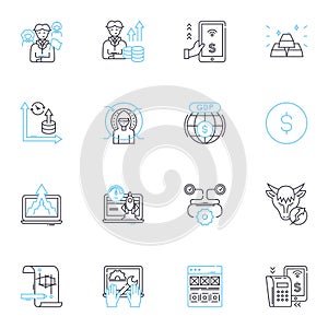 Corporate finances linear icons set. Investments, Budgeting, Auditing, Taxation, Financial planning, Cash flow, Asset