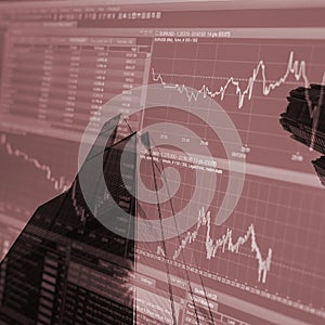 Corporate financial stock exchange business background of offices and a stock market crash curve graph chart