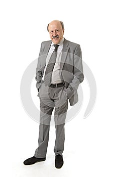 Corporate full body portrait bald 60s happy and confident business posing neat and tidy smiling happy isolated on white