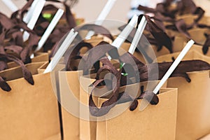 Corporate gifts and souvenirs for employees of the company, gift bag package for conference participants before start, process of