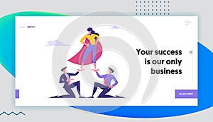 Corporate Hierarchy Website Landing Page. Business Woman in Super Hero Cloak Stand on Top of Pyramid