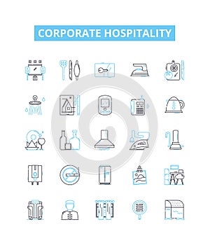 Corporate hospitality vector line icons set. Events, receptions, catering, hosting, networking, conference, business