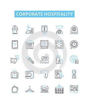 Corporate hospitality vector line icons set. Events, receptions, catering, hosting, networking, conference, business