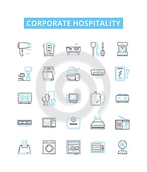 Corporate hospitality vector line icons set. Events, receptions, catering, hosting, networking, conference, business
