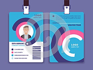 Corporate id card. Professional employee identity badge with man avatar. Vector design template