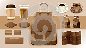 Corporate identity branding Mockup, Coffee, Cafe, Food delivery, Realistic MockUp, uniform, cup, paper pack, menu, vector illustra