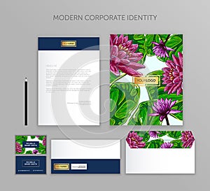 Corporate identity business set with water lily. Modern stationery template design. Documentation for business.