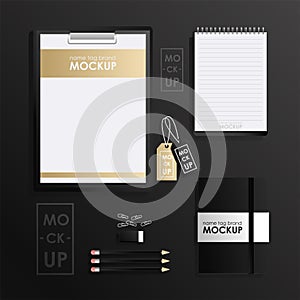 Corporate identity design template set. Mock-up package, tablet, phone, price tag, cup, notebook