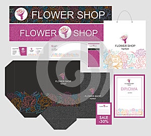 Corporate identity flower shop. A set of corporate identity. Signboards, package, diploma, and business cards. Logo and corporate