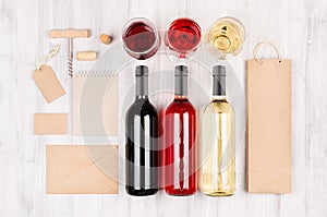 Corporate identity mock up for wine industry - blank packaging, stationery set on soft white wood background.
