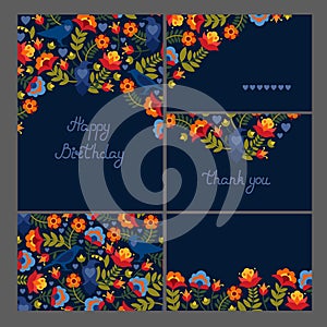 Corporate identity. Set of greeting cards, seamless texture. Motif with birds ravens and flowers. Flat style.