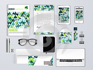 Corporate identity template. Branding MockUps with phone, envelope, brochure and glasses.