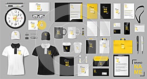 Corporate identity template design. Realistic golden and black Business Stationery mockup for shop. Stationery and photo