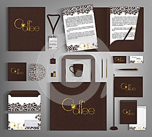 Corporate identity template with grains and golden coffee lettering