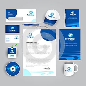 Corporate identity template with horse racing logo. Blue colors. Vector company style for brandbook and guideline.