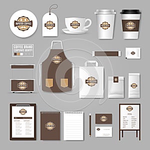 Corporate identity template. Logo concept for coffee shop, cafe, restaurant. Realistic mock up template set of menu, package, cup