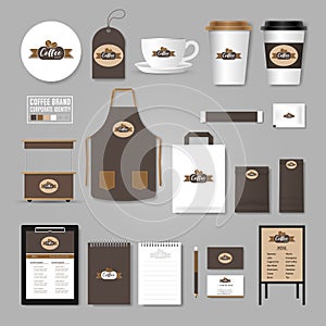 Corporate identity template. Logo concept for coffee shop, cafe, restaurant. Realistic mock up template set of menu, package, cup