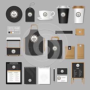 Corporate identity template. Logo concept for coffee shop, cafe, restaurant. Realistic mock up template set of menu, package, cup