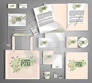 Corporate identity template with minimalist style floral ornament. Set of business office supplies.