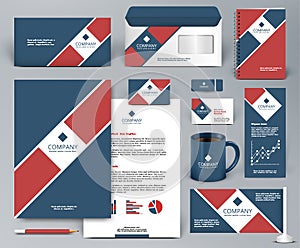 Corporate identity template with red tape on blue backdrop