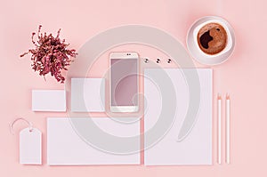 Corporate identity template, white blank stationery set with heather flowers, coffee, phone on soft pink elegance stylish backgrou