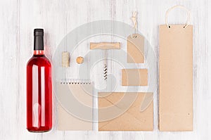 Corporate identity template for wine industry, blank beige kraft packaging, stationery, merchandise set .