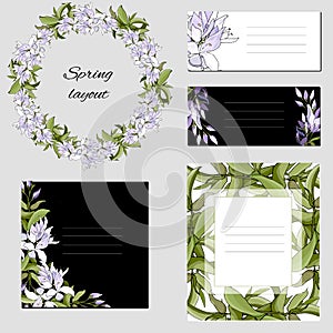 Corporate identity templates, floral bookmarks and business cards. Violet flowers on a white and black background. For modern