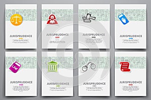 Corporate identity vector templates set with doodles jurisprudence theme