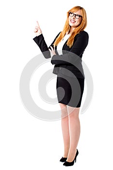 Corporate lady pointing upwards