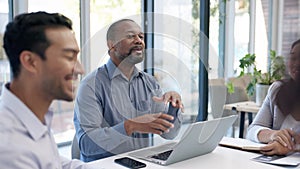 Corporate meeting, communication and happy black man man giving proposal idea, sales pitch or brainstorming