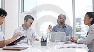 Corporate meeting, manager discussion and black man giving proposal idea, sales pitch or planning. Collaboration