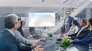 In Corporate Meeting Room: Creative Director Uses Digital Interactive Whiteboard for Presentation