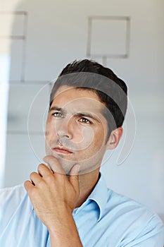 Corporate, office and man with thinking in glass board for idea or vision for startup company, planning and