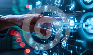 Corporate Officer Accessing Governance Risk Management and Compliance GRC Framework via High-Tech Virtual Interface