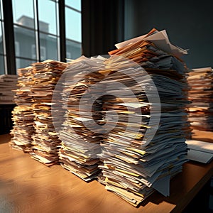 Corporate order Stacks of paperwork, business documents in office setting