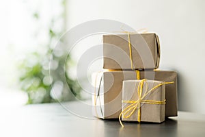 Corporate party celebration beige gift boxes stack