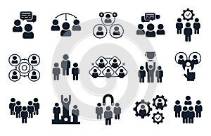 Corporate people icon. Group of persons, office teamwork pictogram and business team silhouette icons vector set