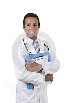 Corporate portrait of confident 40s attractive male medicine doctor with stethoscope with clipboard