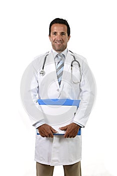 Corporate portrait of confident 40s attractive male medicine doctor with stethoscope with clipboard