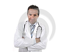 Corporate portrait of confident 40s attractive male medicine doctor with stethoscope and gown