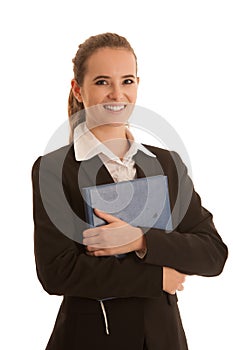 Corporate portrait of a preety business woman with blue folder i