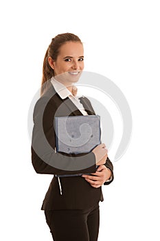 Corporate portrait of a preety business woman with blue folder i