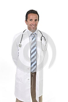 Corporate portrait of serious and confident 40s attractive male medicine doctor with stethoscope on shoulders wearing medical gown
