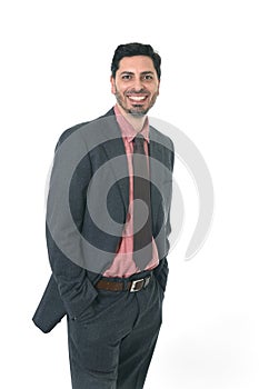 Corporate portrait of young attractive businessman of Latin Hispanic ethnicity smiling in suit and tie