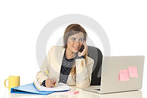 Corporate portrait young attractive businesswoman at office chair working at laptop computer desk