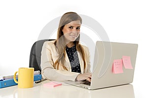 Corporate portrait young attractive businesswoman at office chair working at laptop computer desk