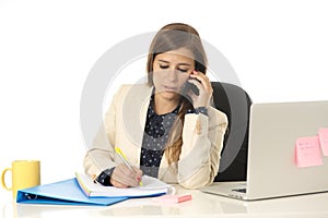 Corporate portrait young attractive businesswoman at office chair working at laptop computer desk