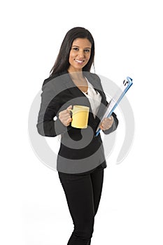 Corporate portrait young attractive latin businesswoman happy holding folder and coffee